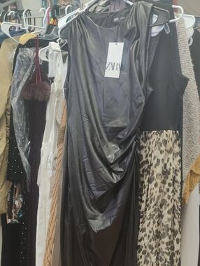 Zara Black Faux-Leather Draped Sleeveless Dress